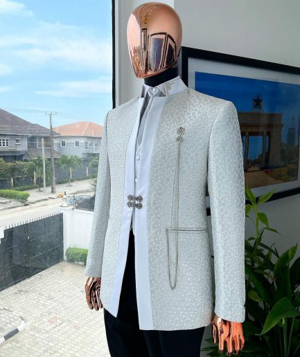 A White and Silver Metallic circle pattern jacquard Suit