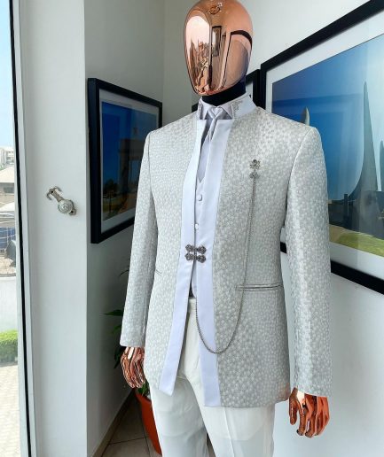 A White and Silver Metallic circle pattern jacquard Suit