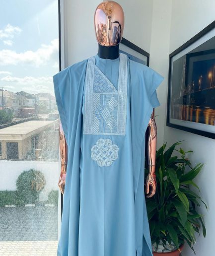 A Maya Blue, Undulating Connected Squares Embroidery Design Agbada