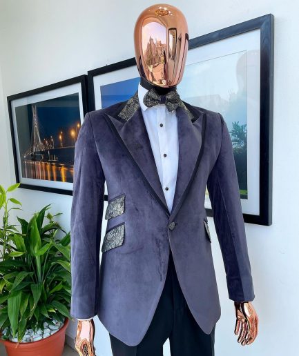 An anchor grey velvet, peak lapel with black silk taping, black and light grey jacquard collar tuxedo suit