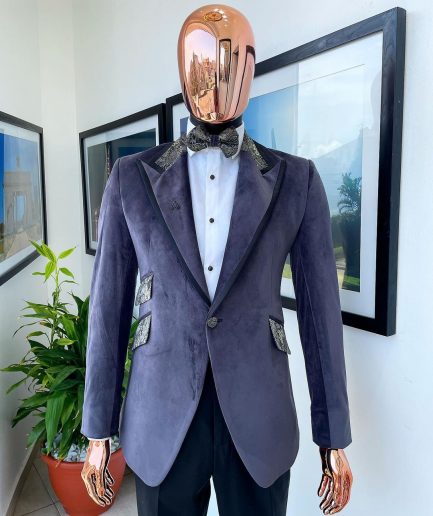 An anchor grey velvet, peak lapel with black silk taping, black and light grey jacquard collar tuxedo suit