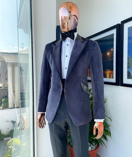 An anchor grey velvet, peak lapel with black silk taping tuxedo suit
