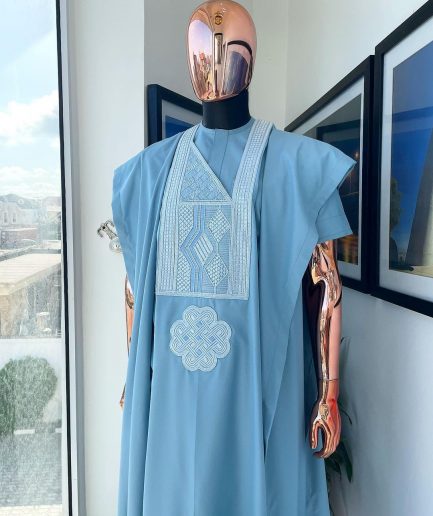 A Maya Blue, Undulating Connected Squares Embroidery Design Agbada