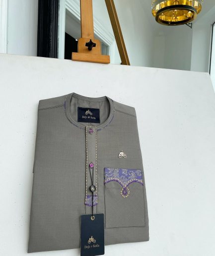 A Fossil Grey, mixed purple Swarovski buttons, vertical flap, knitted embrodery, matching paisley detailing