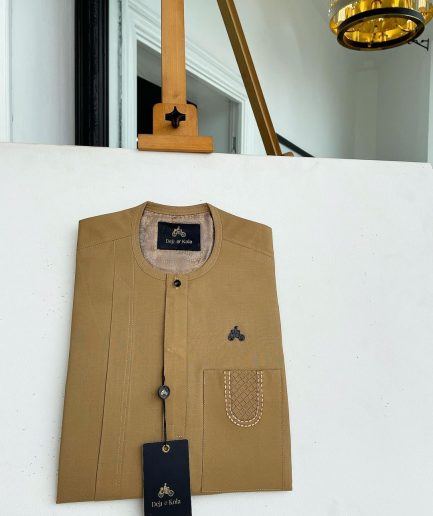 A Peanut Brown, embroidery patch pocket, vertical flap with Swarovski button detailing African traditional senator kaftan native.