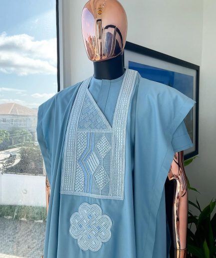 A Maya Blue, Undulating Connected Squares Embroidery Design Agbada