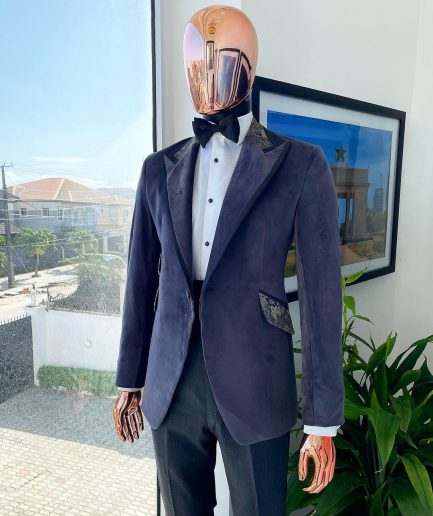 An anchor grey velvet, peak lapel with black silk taping tuxedo suit