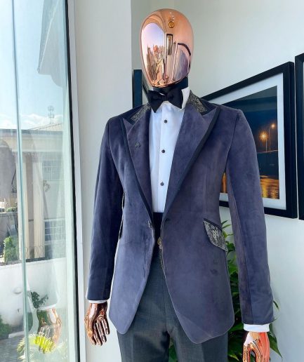 An anchor grey velvet, peak lapel with black silk taping tuxedo suit