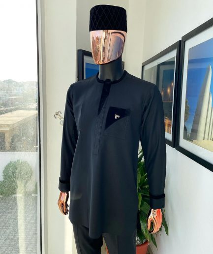 A Charcoal Black kaftan, black velvet detailing, layered patch pocket African traditional kaftan native.
