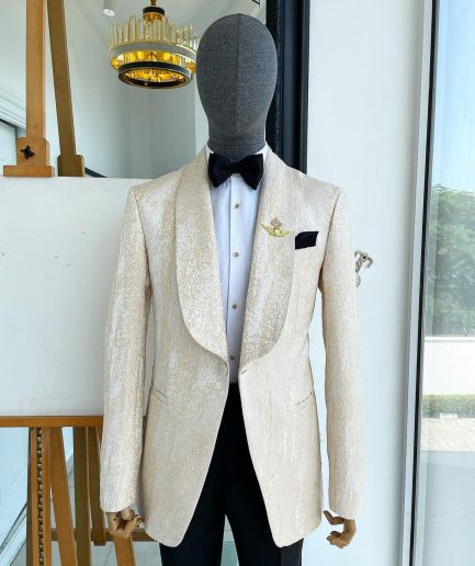 A “Mandarin” dispersed gold abd ivory ruffle pattern shawl lapel jacquard suit
