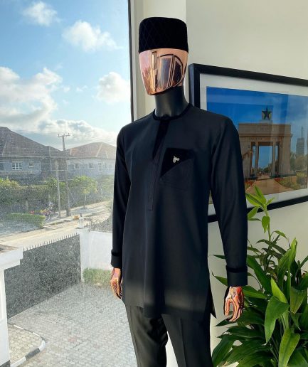 A Charcoal Black kaftan, black velvet detailing, layered patch pocket African traditional kaftan native.