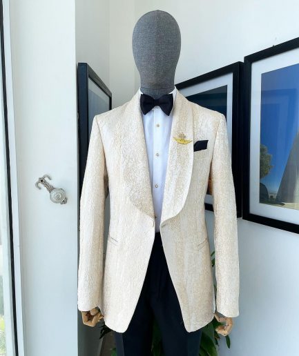 A “Mandarin” dispersed gold abd ivory ruffle pattern shawl lapel jacquard suit