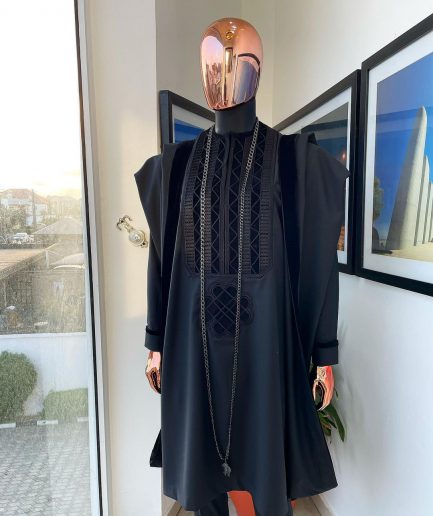 A charcoal black Monochrome embroidery with soaked black velvet detailing