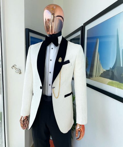 An Ivory white shawl lapel floral jacquard tuxedo suit