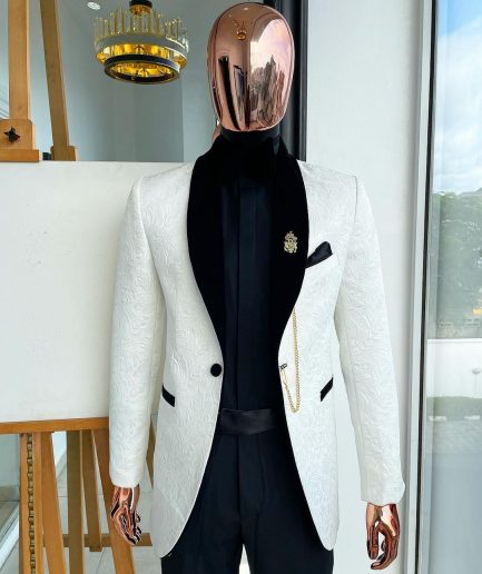 An Ivory white shawl lapel floral jacquard suit.