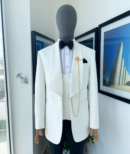 An Ivory white shawl lapel floral jacquard tuxedo suit