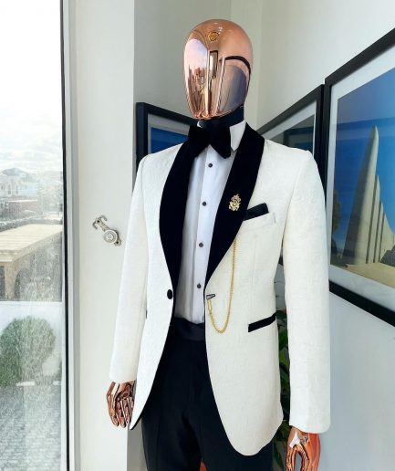 An Ivory white shawl lapel floral jacquard tuxedo suit