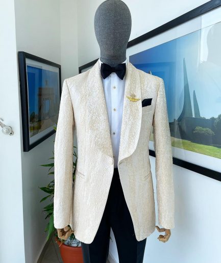 A “Mandarin” dispersed gold abd ivory ruffle pattern shawl lapel jacquard suit