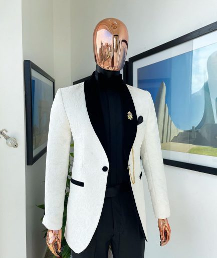 An Ivory white shawl lapel floral jacquard suit.