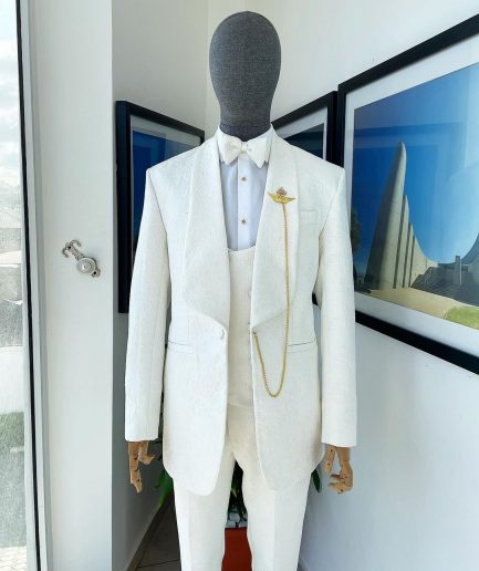 An Ivory white Reloaded “celestial” shawl lapel floral jacquard tuxedo suit.