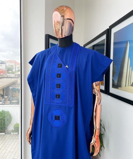 A Cobalt Blue, Interwoven Octagon Embroidery Design Agbada