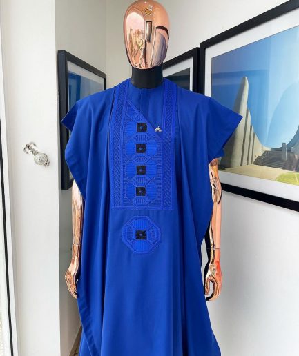 A Cobalt Blue, Interwoven Octagon Embroidery Design Agbada