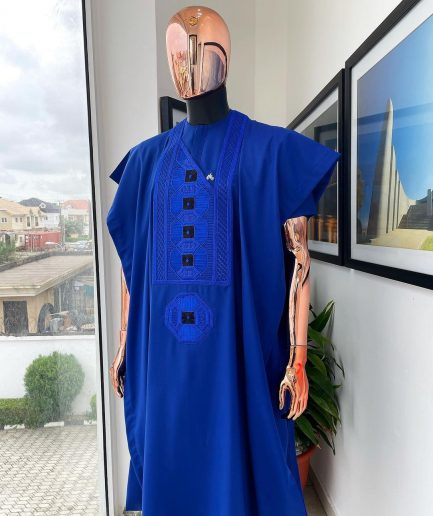 A Cobalt Blue, Interwoven Octagon Embroidery Design Agbada