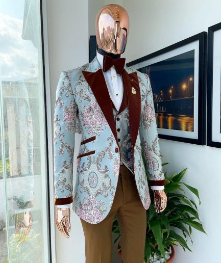 A pistachio green, pink and brown floral metallic jacquard tuxedo suit