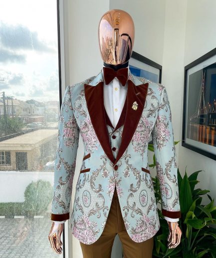 A pistachio green, pink and brown floral metallic jacquard tuxedo suit