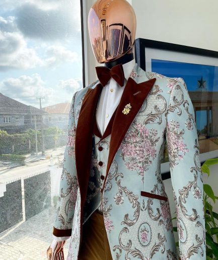 A pistachio green, pink and brown floral metallic jacquard tuxedo suit