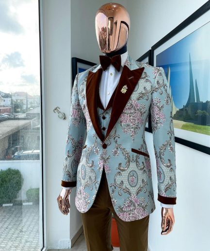A pistachio green, pink and brown floral metallic jacquard tuxedo suit