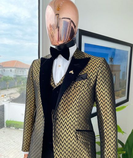 A Gold And Black Zig-Zag Pattern Tuxedo Suit