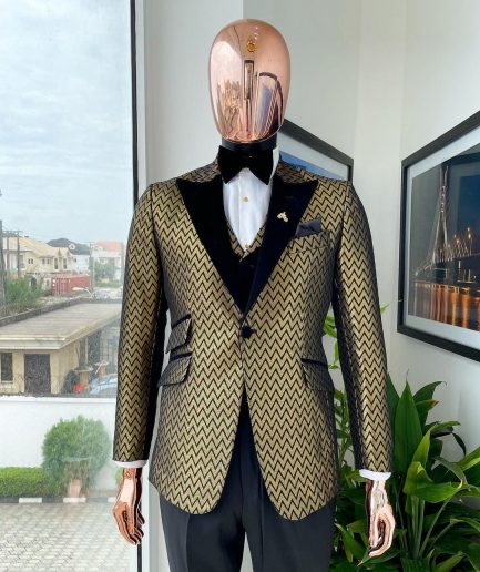 A Gold And Black Zig-Zag Pattern Tuxedo Suit