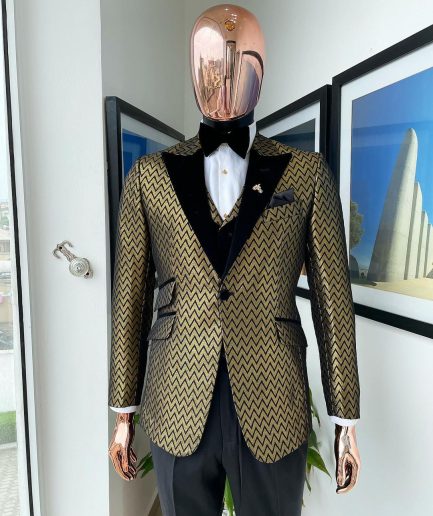 A Gold And Black Zig-Zag Pattern Tuxedo Suit