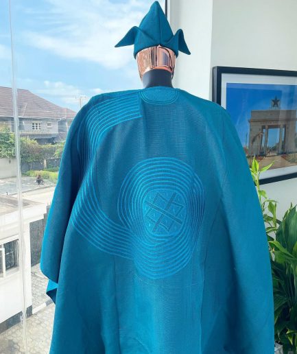 A Cerulean blue royal embroidery design agbada, dashiki, “abeti Aja” matching hat & sokoto