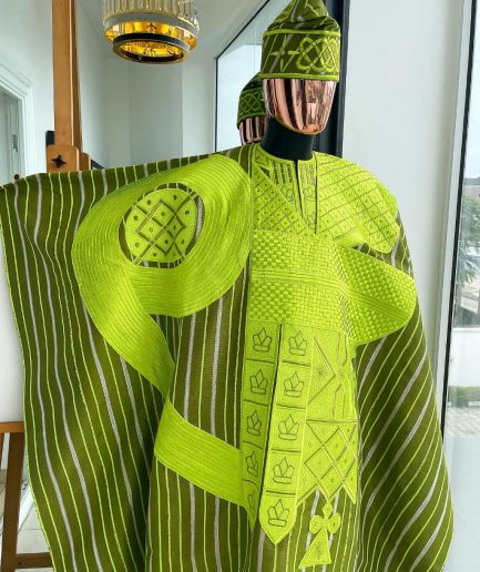 A Stripe Lemon Green And Olive Green, Aso Oke Regal Agbada