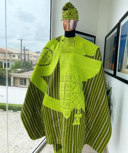 A Stripe Lemon Green And Olive Green, Aso Oke Regal Agbada