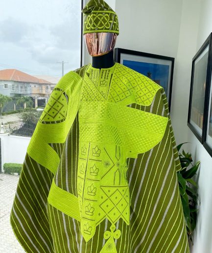 A Stripe Lemon Green And Olive Green, Aso Oke Regal Agbada
