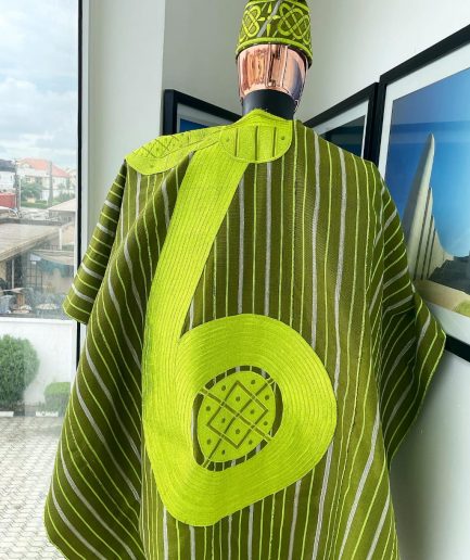 A Stripe Lemon Green And Olive Green, Aso Oke Regal Agbada