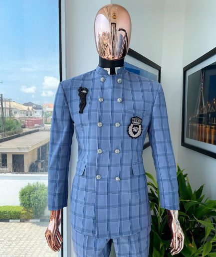 A Maya and steel blue windowpane check “preacher” double breasted safari suit