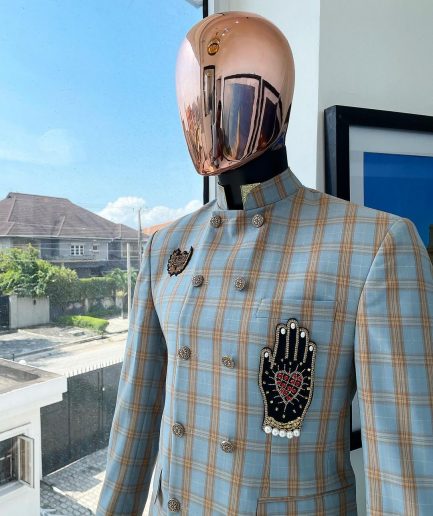 A glen check Arctic blue and honey orange “preacher” double breasted safari suit
