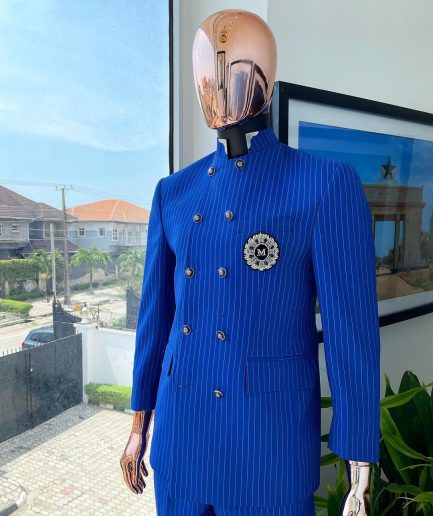A pencil stripe cobalt & sky blue “preacher” double breasted safari suit