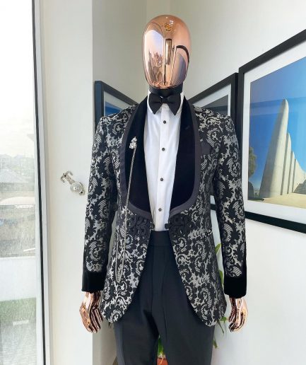 A Charcoal black and silver grey Metallic coarse and floral pattern jacquard tuxedo Suit