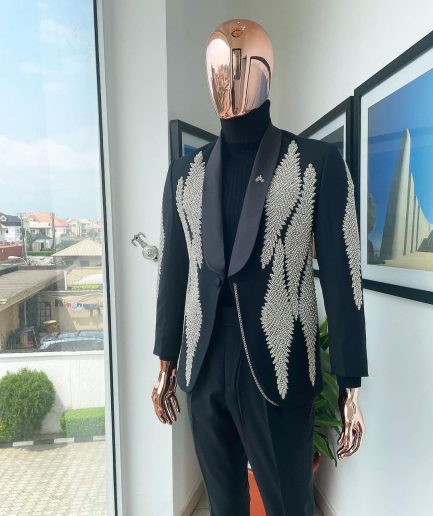 A Charcoal Black Reloaded “Justin” tuxedo Suit, silver Swarovski embellishment detailing tuxedo suit