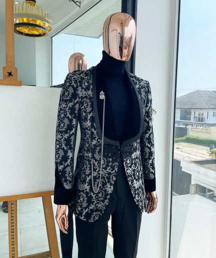 A Charcoal black and silver grey Metallic coarse floral pattern jacquard tuxedo Suit