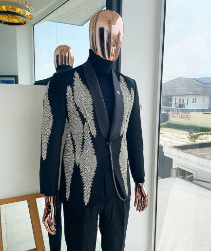 A Charcoal Black Reloaded “Justin” tuxedo Suit, silver Swarovski embellishment detailing tuxedo suit