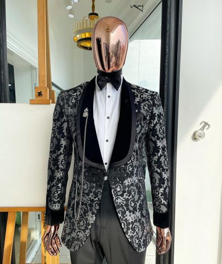 A Charcoal black and silver grey Metallic coarse and floral pattern jacquard tuxedo Suit