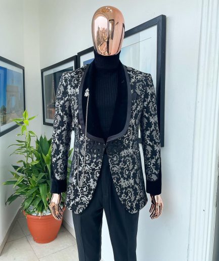 A Charcoal black and silver grey Metallic coarse floral pattern jacquard tuxedo Suit