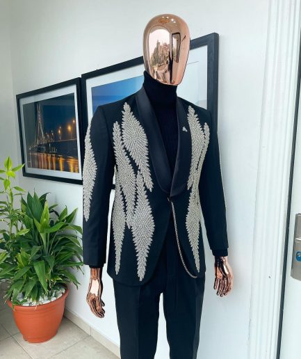 A Charcoal Black Reloaded “Justin” tuxedo Suit, silver Swarovski embellishment detailing tuxedo suit