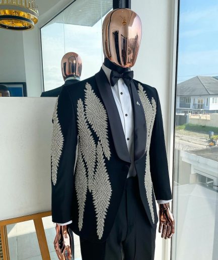 A Charcoal black Reloaded “Justin” silver Swarovski embellishment detailing tuxedo suit